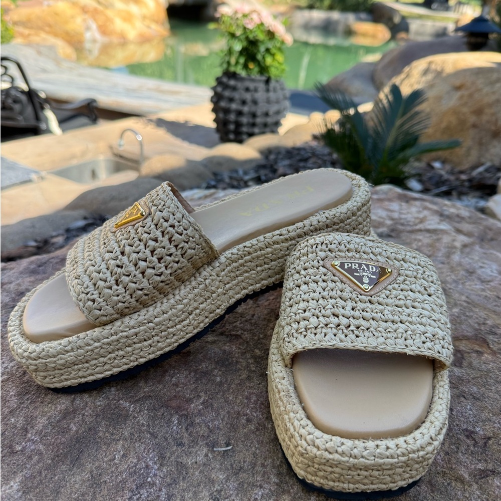 Genuine raffia crotchet PRADA summer Beige Woven Slides slippers - Picture 7 of 12